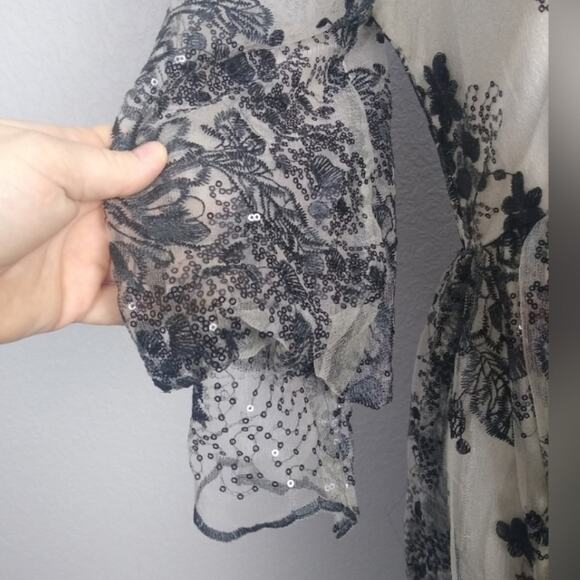 Vicky and Lucas Puff Sleeve Embroidered Floral Black Lace Mesh Dress - Picture 15 of 16